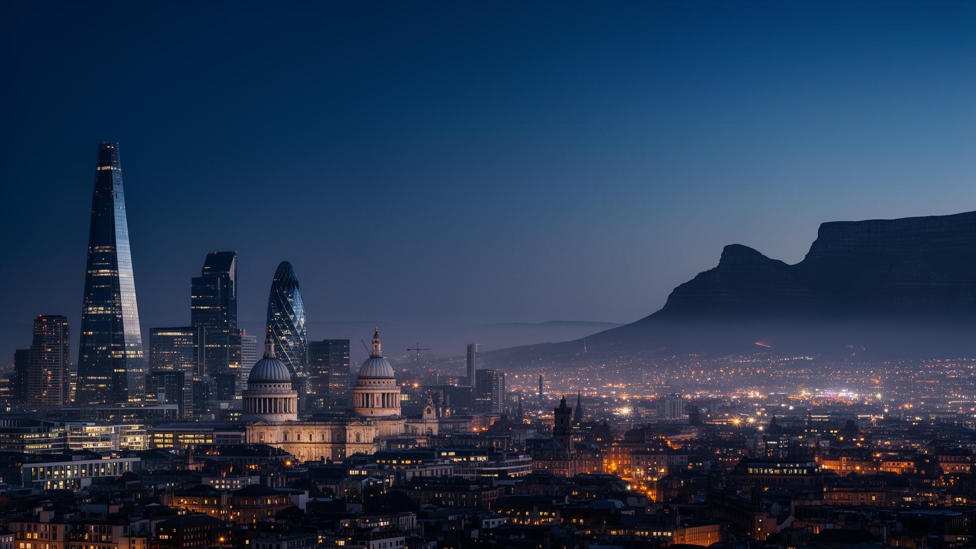 London skyline transitioning into Cape Town with Table Mountain at blue hour